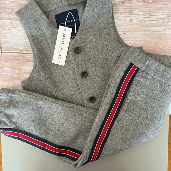 Janie and Jack Gray Vest and Pants with Red and Blue Stripes